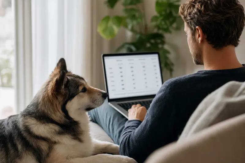 Ein Hundebesitzer arbeitet am Laptop auf dem Sofa, während sein Grönlandshund entspannt neben ihm sitzt.