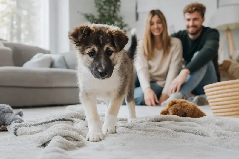 Ein neugieriger Grönlandshund Welpe erkundet sein neues Zuhause mit einer weichen Decke und Spielzeugen.