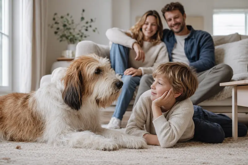 Ein Großer Basset Griffon Vendéen liegt entspannt neben einem Kind im hellen Wohnzimmer, während die Eltern im Hintergrund eine sichere Familienatmosphäre schaffen.