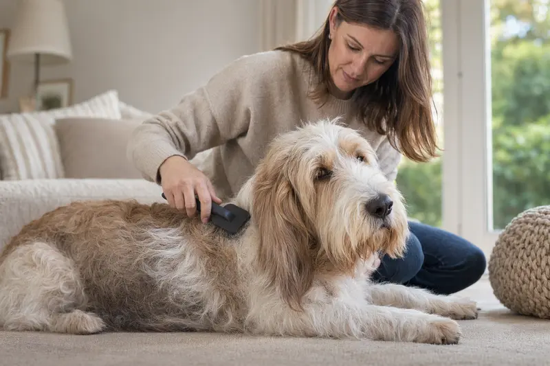 Ein Großer Basset Griffon Vendéen wird zuhause liebevoll gebürstet, was die Fellpflege und verantwortungsvolle Hundegesundheit zeigt.