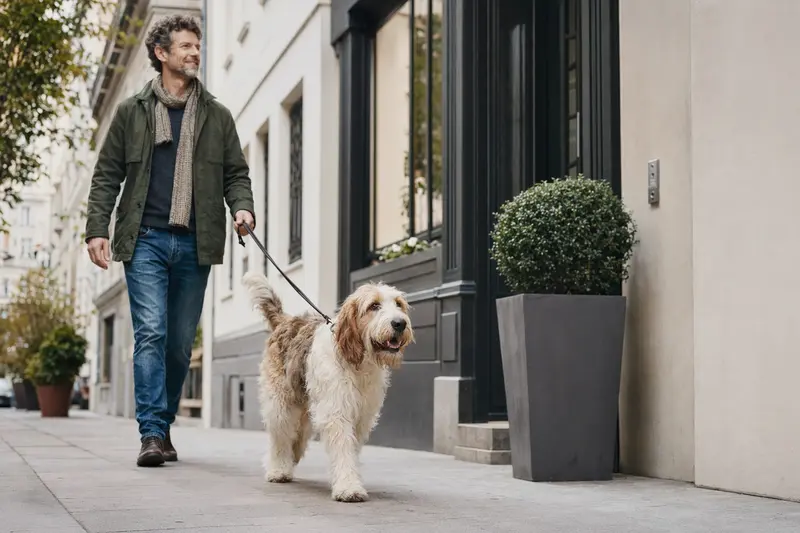 Ein Großer Basset Griffon Vendéen läuft an der Leine mit seinem Besitzer durch eine freundliche moderne Stadtstraße.