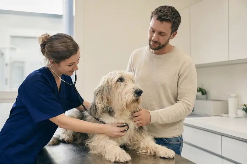 Ein Großer Basset Griffon Vendéen wird von einer Tierärztin mit Stethoskop in einer modernen Praxis untersucht, während der Besitzer beruhigend daneben steht.