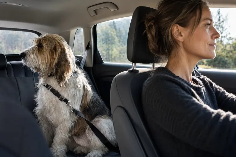 Ein Großer Basset Griffon Vendéen Hund sitzt sicher angeschnallt auf der Rückbank eines Autos und genießt die Fahrt.