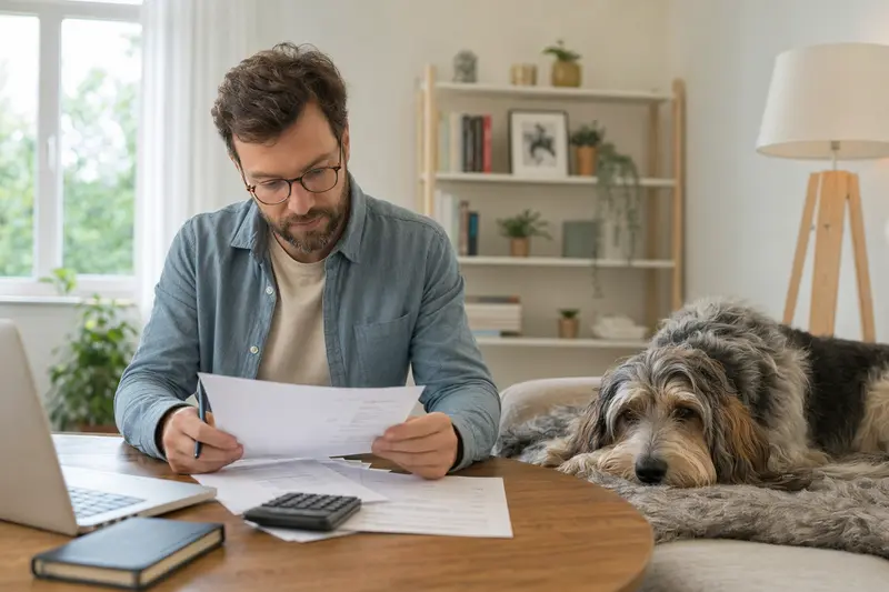 Ein Hundebesitzer sitzt mit einer Tierarztrechnung am Tisch, während ein Großer Basset Griffon Vendéen entspannt auf einer Decke liegt und die private Tierarztkosten-Situation ruhig wirkt.