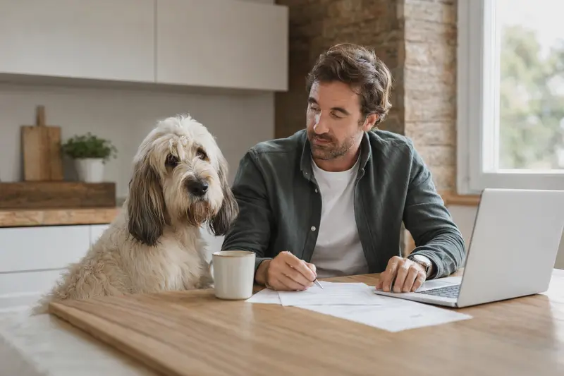Ein Großer Basset Griffon Vendéen sitzt neben seinem Besitzer am Tisch, während Versicherungsunterlagen und ein Laptop sichtbar sind.