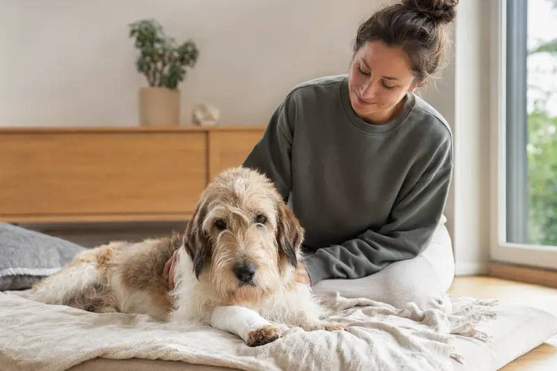 Ein ruhiger Großer Basset Griffon Vendéen Hund mit Verband auf der Pfote liegt auf einer Decke, während sein Besitzer neben ihm sitzt und erleichtert wirkt.