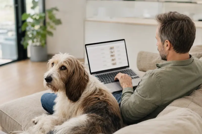 Ein Hundehalter sitzt mit Laptop auf dem Sofa, neben einem Großen Basset Griffon Vendéen Hund, während eine Versicherungsvergleichs-Oberfläche auf dem Bildschirm angezeigt wird.