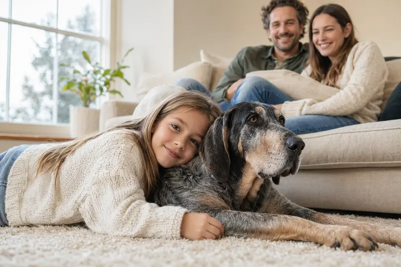 Ein Großer Blauer Gascogner Laufhund liegt entspannt neben einem Kind im hellen Wohnzimmer, während die Eltern im Hintergrund eine sichere Familienatmosphäre vermitteln.