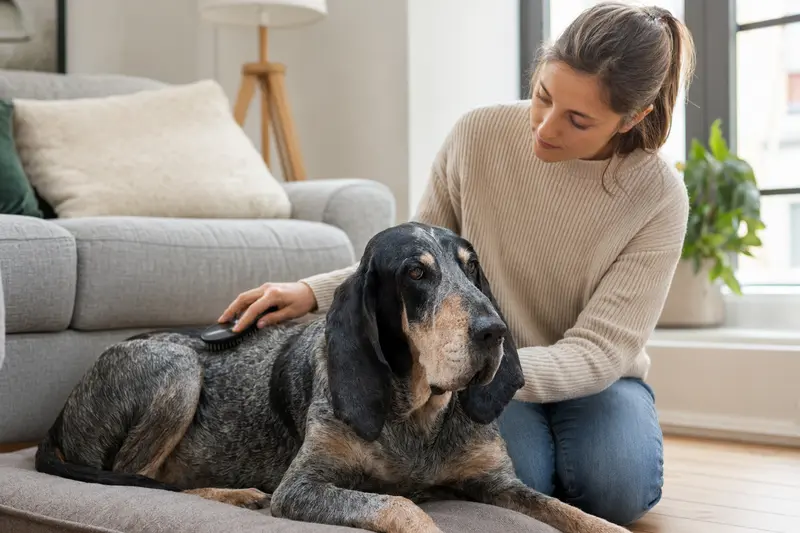 Ein Großer Blauer Gascogne-Laufhund wird zuhause sanft gebürstet, während sein Besitzer liebevoll die Fellpflege übernimmt.