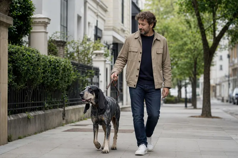 Ein Großer Blauer Gascogner Laufhund läuft an der Leine mit seinem Besitzer durch eine moderne Stadtstraße.