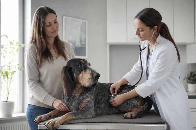 Ein Großer Blauer Gascogner Laufhund wird von einer Tierärztin mit Stethoskop in einer modernen Tierarztpraxis untersucht.