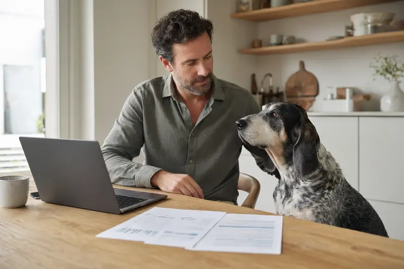 Ein Großer Blauer Gascogner sitzt ruhig neben seinem Besitzer am Küchentisch mit Versicherungsunterlagen und Laptop zur Hundekrankenversicherung.
