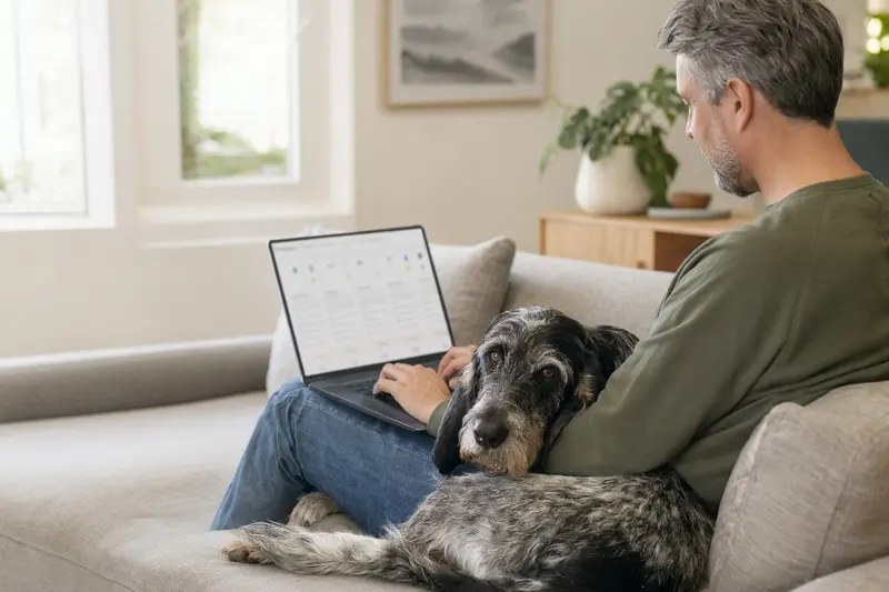 Der Hundebesitzer vergleicht Tierversicherungen am Laptop auf dem Sofa neben seinem Großen Blauen Gascogner.