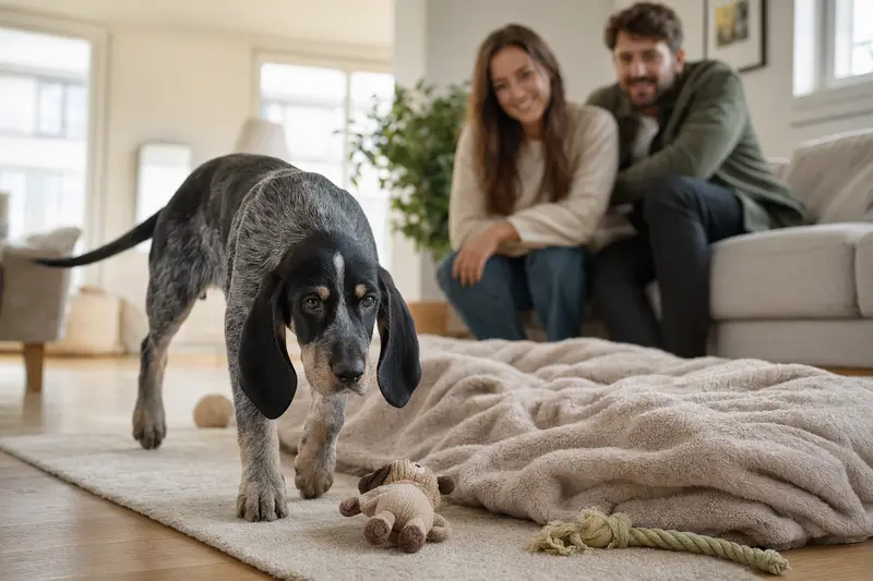 Ein neugieriger Großer Blauer Gascogner Laufhund Welpe erkundet seine liebevoll gestaltete Wohnung mit einer weichen Decke und Spielzeug im Hintergrund.