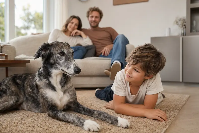 Ein Großer Englischer Windhund liegt entspannt neben einem Kind im hellen Wohnzimmer, während die Eltern im Hintergrund eine sichere Familienatmosphäre schaffen.