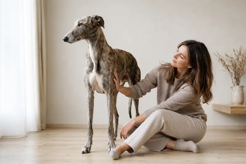 Großer Englischer Windhund in natürlicher Haltung vor hellem Hintergrund, als realistisches Hundeportrait für einen Ratgeber zur Hundegesundheit und Versicherung.