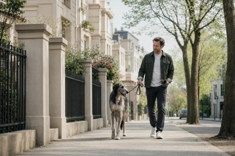 Ein Großer Englischer Windhund läuft an der Leine mit seinem Besitzer durch eine moderne Stadtstraße.