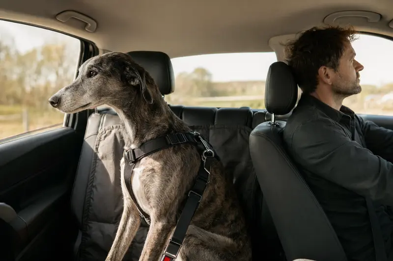 Ein großer Englischer Windhund sitzt sicher angeschnallt auf der Rückbank eines Autos und genießt das Sonnenlicht.