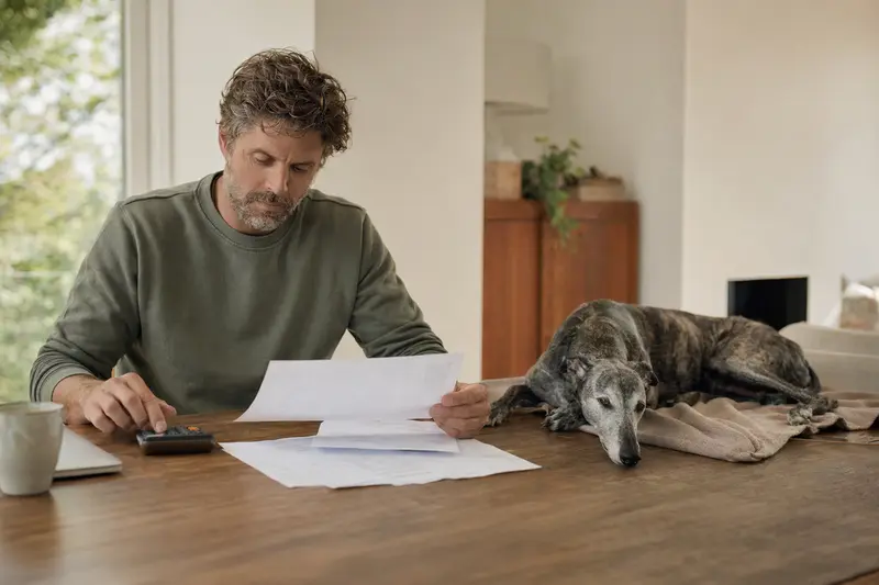Ein Hundehalter sitzt mit einer Tierarztrechnung am Tisch, während ein entspannter Großer Englischer Windhund auf einer Decke daneben liegt.