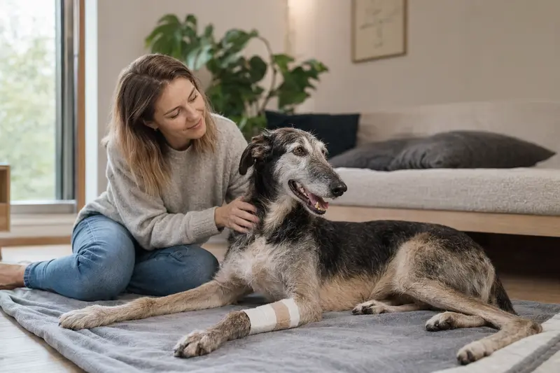 Ein großer Englischer Windhund mit einem leichten Verband an der Pfote liegt ruhig auf einer Decke, während sein erleichterter Besitzer neben ihm sitzt.