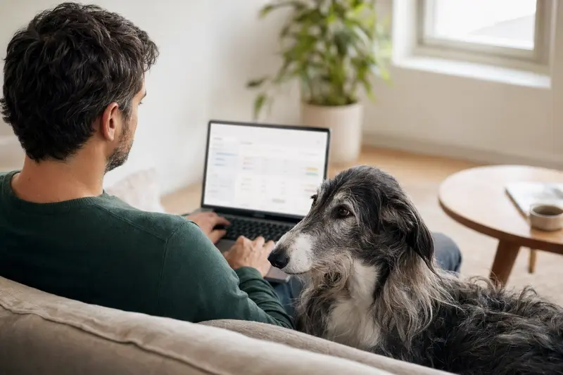 Ein Hundebesitzer sitzt entspannt mit einem Laptop auf dem Sofa, neben ihm ein großer Englischer Windhund; der Bildschirm zeigt eine neutrale Versicherungsvergleichs-Oberfläche.