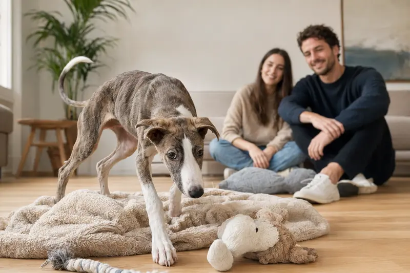 Ein neugieriger Großer Englischer Windhund Welpe entdeckt glücklich sein neues Zuhause mit einer weichen Decke und Spielzeug.