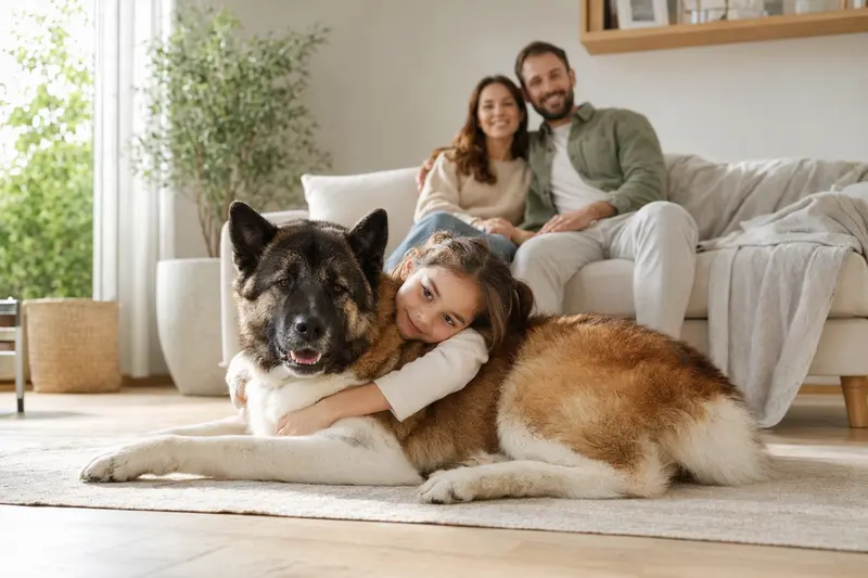 Ein großer Japanischer Hund liegt entspannt neben einem Kind im Wohnzimmer, während die Eltern im Hintergrund eine sichere Familienatmosphäre schaffen.