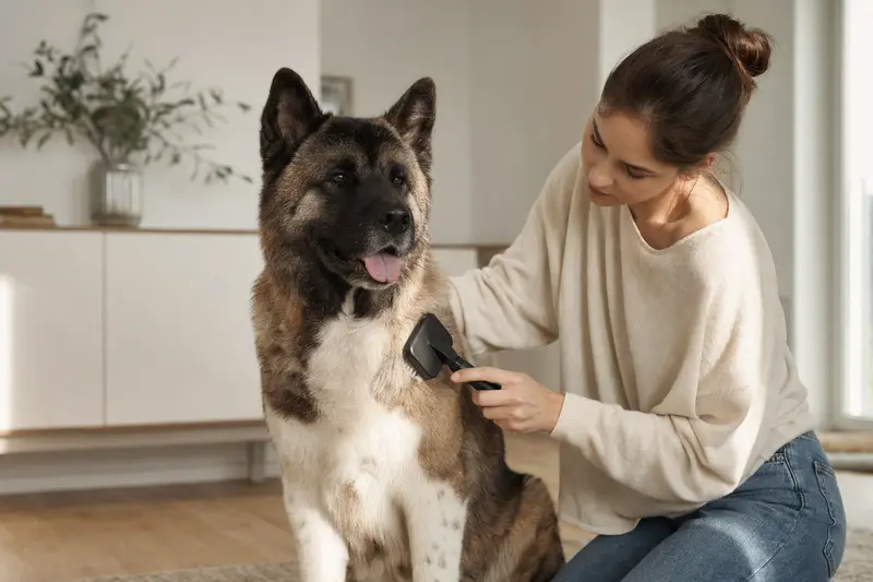 Ein Großer Japanischer Hund wird in der hellen Wohnung sanft gebürstet, während der Besitzer liebevoll die Fellpflege übernimmt.