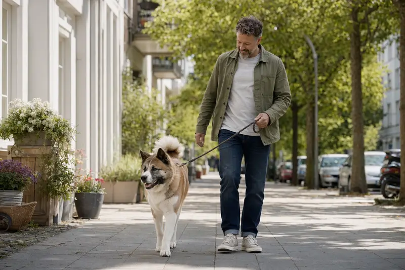 Ein Großer Japanischer Hund läuft an der Leine mit seinem Besitzer entspannt durch eine moderne Stadtstraße.