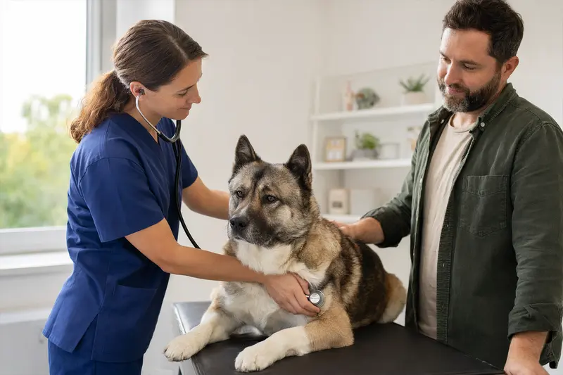 Ein großer japanischer Hund wird in einer modernen Tierarztpraxis von einer freundlichen Tierärztin mit Stethoskop untersucht, während sein Besitzer beruhigend danebensteht.
