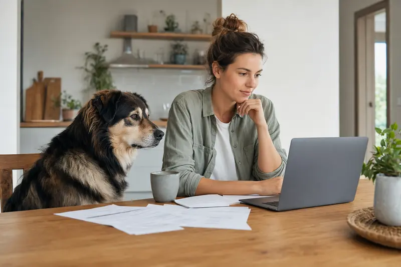 Ein Großer Japanischer Hund sitzt ruhig neben seinem Besitzer am Küchentisch mit Versicherungsunterlagen und Laptop, passend zum Thema Hundeversicherung.