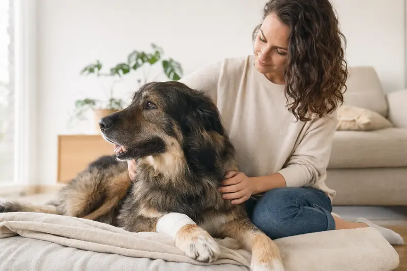 Großer Japanischer Hund mit leicht verbundenen Pfote liegt ruhig auf einer Decke, während sein erleichterter Besitzer neben ihm sitzt.
