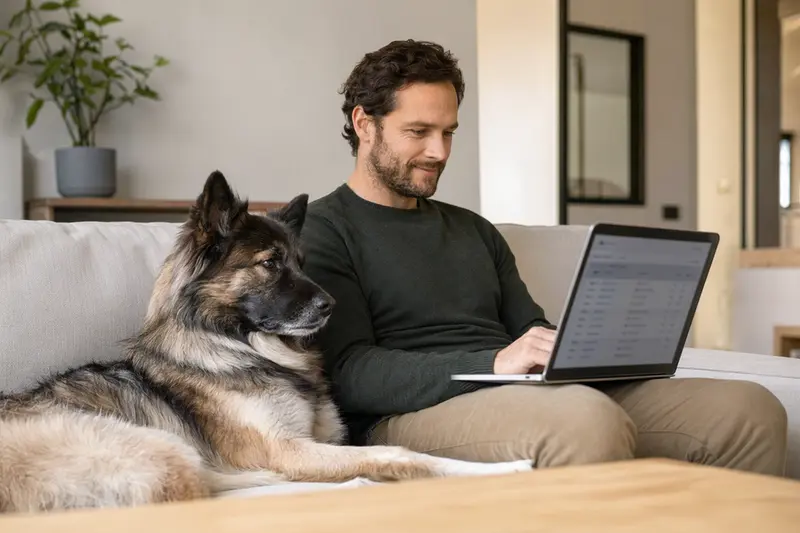 Ein Hundebesitzer arbeitet am Laptop auf dem Sofa, während sein großer japanischer Hund daneben liegt.