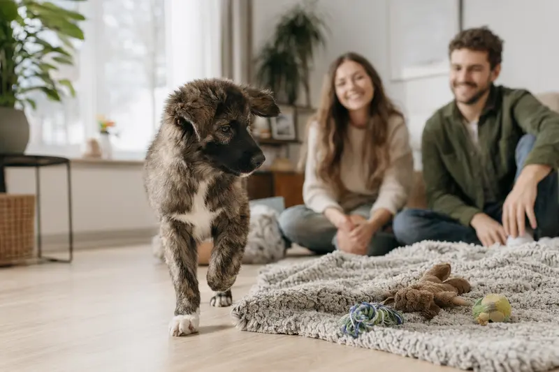 Ein junger Großer Japanischer Hund Welpe erkundet neugierig sein neues Zuhause mit einer weichen Decke und Spielzeug, während eine liebevolle Familie im Hintergrund sichtbar ist.