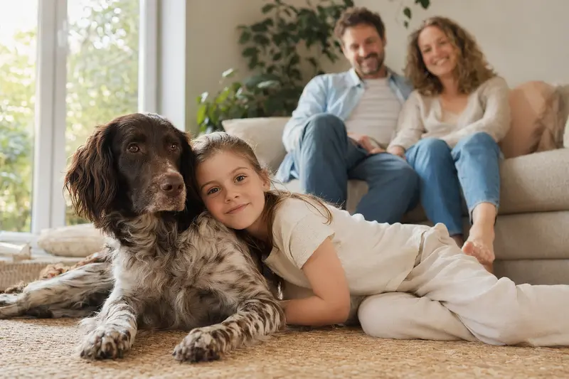 Ein Großer Münsterländer Hund liegt entspannt neben einem Kind im Wohnzimmer, während die Eltern im Hintergrund eine sichere Familienatmosphäre schaffen.
