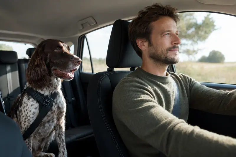 Ein großer Münsterländer Hund sitzt sicher angeschnallt auf der Rückbank eines Autos, während das Sonnenlicht durch das Fenster scheint.