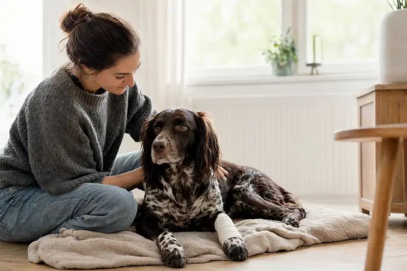 Ein Großer Münsterländer Hund mit einem Verband an der Pfote liegt entspannt auf einer Decke neben seinem Besitzer, der sich sichtbar erleichtert zeigt.