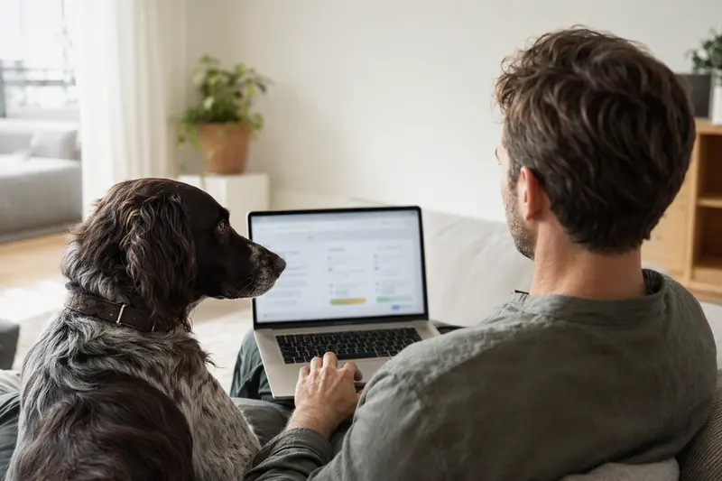 Ein Besitzer sitzt entspannt auf dem Sofa mit einem Großen Münsterländer und einem Laptop, auf dem eine neutrale Versicherungsvergleichs-Oberfläche angezeigt wird.