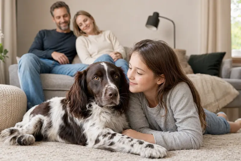 Ein Großer Münsterländer liegt entspannt neben einem Kind im hellen Wohnzimmer, während die Eltern im Hintergrund eine sichere Familienatmosphäre schaffen.