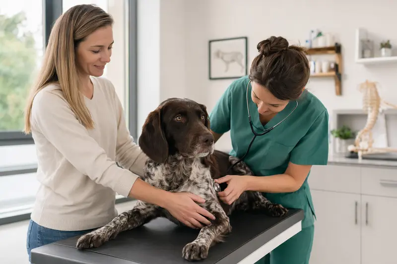 Eine Tierärztin untersucht einen ruhigen Großen Münsterländer Vorstehhund mit dem Stethoskop, während der Besitzer beruhigend danebensteht.