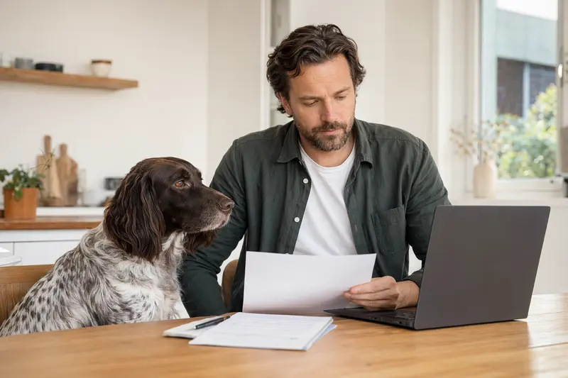 Ein Großer Münsterländer sitzt ruhig neben seinem Besitzer am Küchentisch mit Versicherungsunterlagen und einem Laptop zur Hundeversicherung.