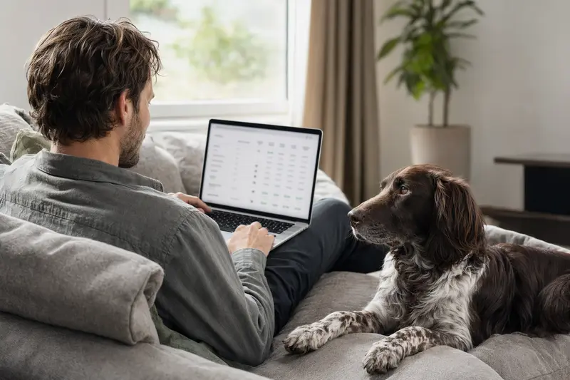 Ein Besitzer mit Laptop auf dem Sofa, neben ihm ein Großer Münsterländer Vorstehhund, der eine ruhige und sichere Atmosphäre ausstrahlt.