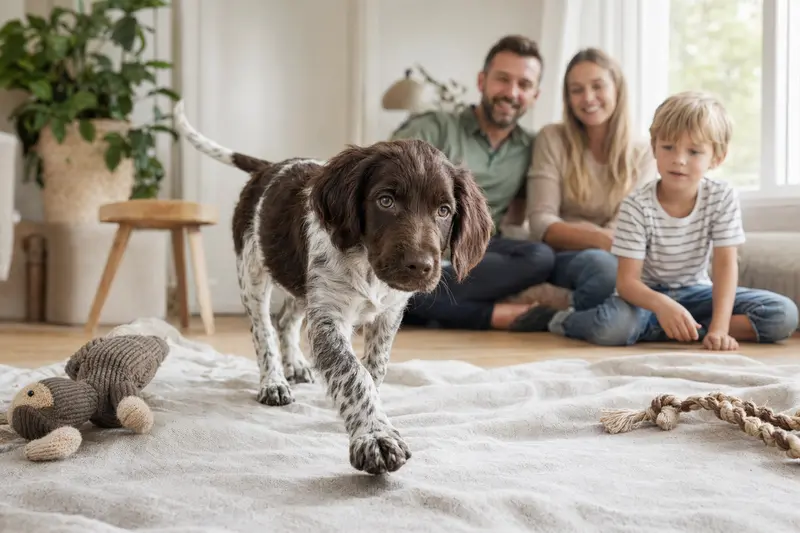 Ein junger Großer Münsterländer Welpe entdeckt neugierig sein neues Zuhause mit weicher Decke und Spielzeug in einer hellen Wohnung.
