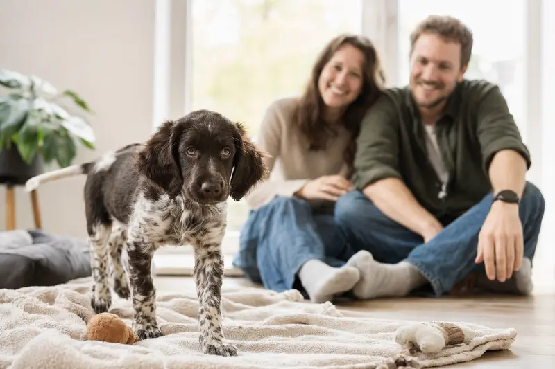 Ein neugieriger Großer Münsterländer Welpe entdeckt sein neues Zuhause mit Spielzeug und einer liebevollen Familie im Hintergrund.