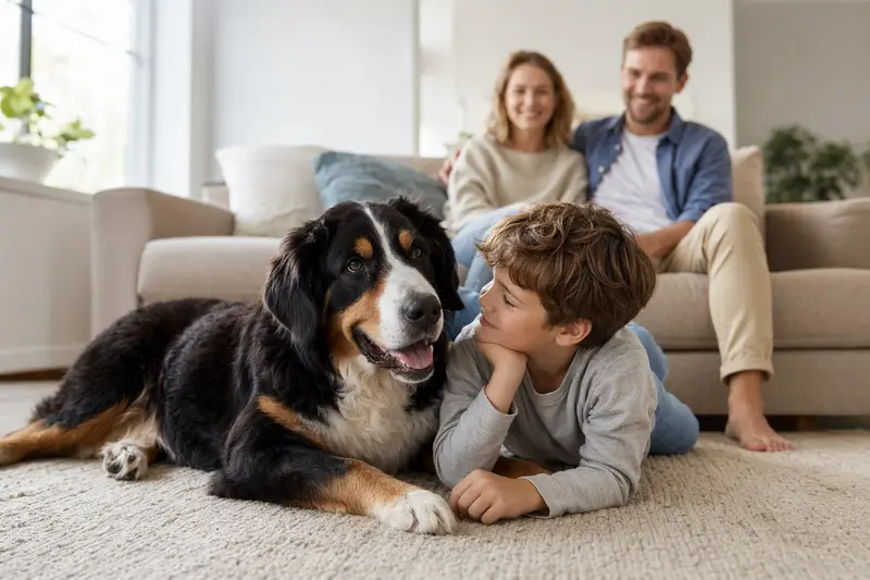 Großer Schweizer Sennenhund liegt entspannt neben einem Kind im hellen Wohnzimmer einer sicheren Familie.