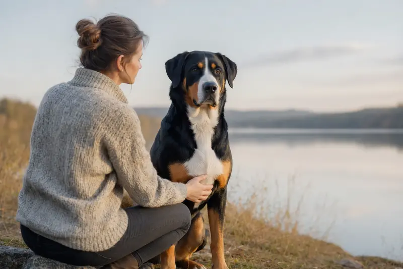 Ein Großer Schweizer Sennenhund steht aufmerksam vor hellem Hintergrund und zeigt als Rasseportrait seine typische Körperform und Fellstruktur.
