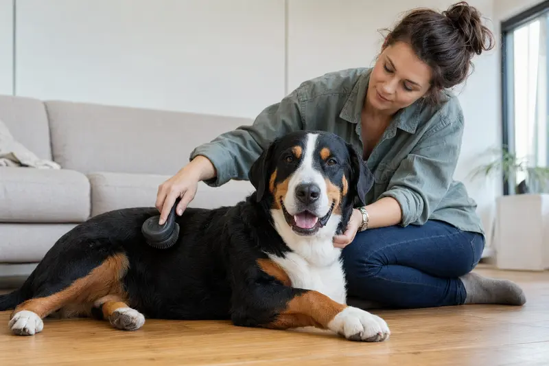 Ein Großer Schweizer Sennenhund wird zuhause von seinem Besitzer sanft gebürstet, als Teil der liebevollen Fellpflege und Gesundheitsvorsorge.