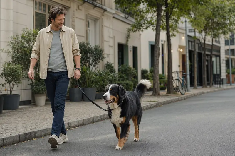 Ein Großer Schweizer Sennenhund läuft an der Leine mit seinem Besitzer durch eine moderne Stadtstraße im Alltag.