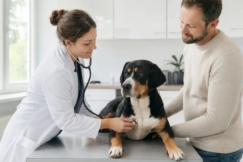 Ein ruhiger Großer Schweizer Sennenhund wird von einer Tierärztin in einer modernen Praxis behutsam untersucht.