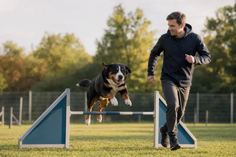 Ein Großer Schweizer Sennenhund springt mit seinem Besitzer über eine kleine Trainingshürde auf dem Hundeplatz.